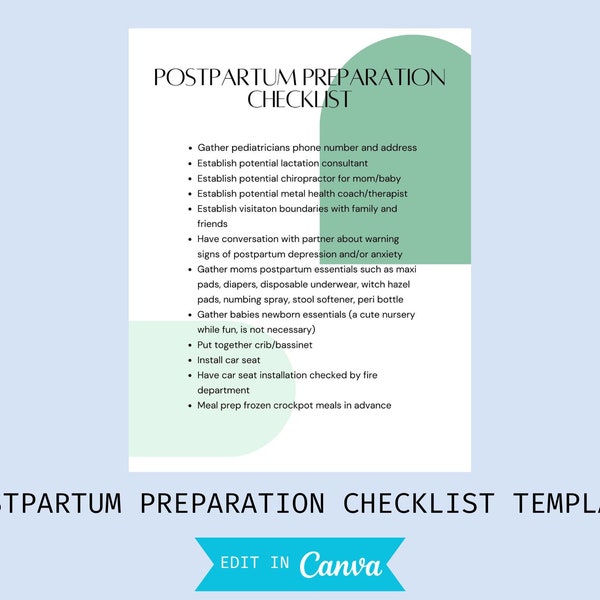 postpartum preparation checklist template, editable, printable, canva, post delivery, recovery, healing, newborn, new mom, guide, planner