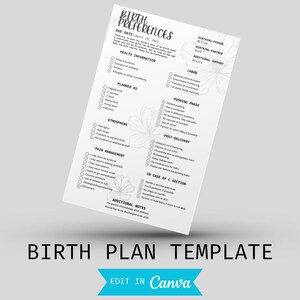 birth plan editable printable canva template, labor, delivery, pain management, postpartum, hospital, home birth, doula, midwife, hypnobirth