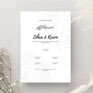 Plantilla de certificado de matrimonio islámico en Canva - Certificado Nikah para crear tú mismo - Diseño de rosa A4 - Descarga para boda musulmana - Editable