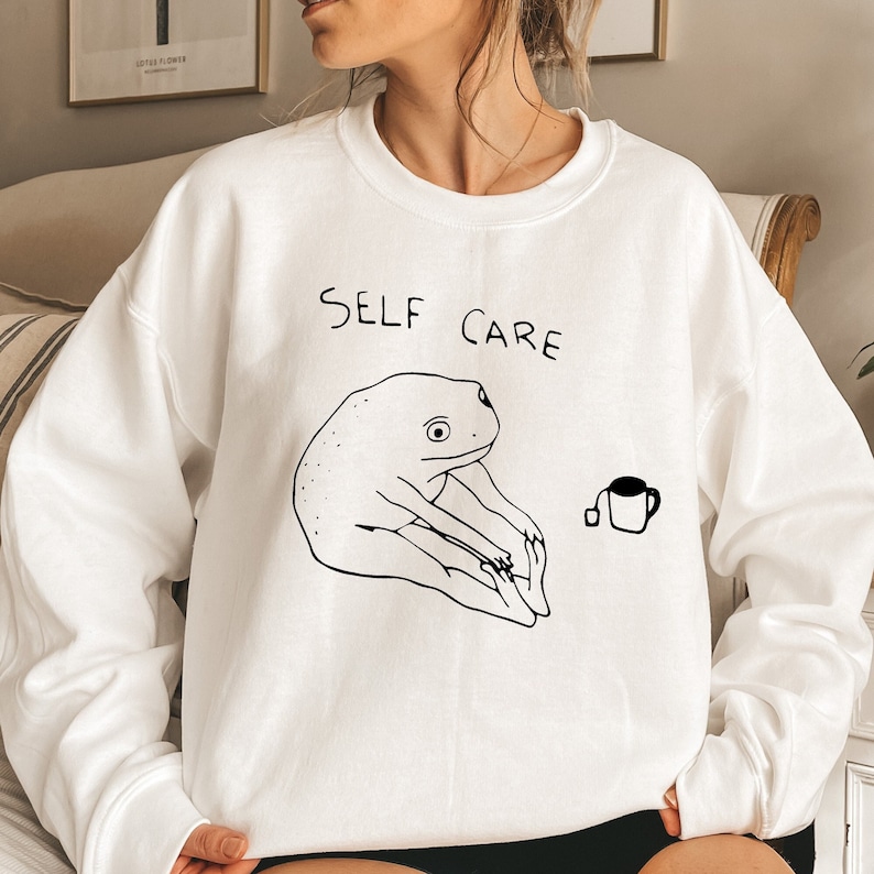 Funny Frog Self Care Sweatshirt Funny Frog Self Care Retro Hoodie, Birthday Gift For Her, Cottagecore Frog Sweatshirt, Positive Vibe Sweater image 1
