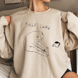 Funny Frog Self Care Sweatshirt Funny Frog Self Care Retro Hoodie, Birthday Gift For Her, Cottagecore Frog Sweatshirt, Positive Vibe Sweater image 2