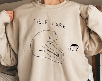 Funny Frog Self Care Sweatshirt Funny Frog Self Care Retro Hoodie, Birthday Gift For Her, Cottagecore Frog Sweatshirt, Positive Vibe Sweater