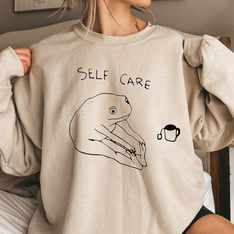 Funny Frog Self Care Sweatshirt Funny Frog Self Care Retro Hoodie, Birthday Gift For Her, Cottagecore Frog Sweatshirt, Positive Vibe Sweater image 2