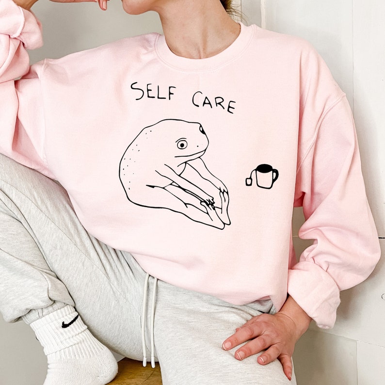 Funny Frog Self Care Sweatshirt Funny Frog Self Care Retro Hoodie, Birthday Gift For Her, Cottagecore Frog Sweatshirt, Positive Vibe Sweater image 3