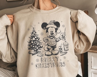 Vintage Retro Merry Christmas Mickey Mouse Sweatshirt, Disney Christmas Hoodie, Christmas Family Shirt, Mickey Sketch Shirt, Christmas Gift
