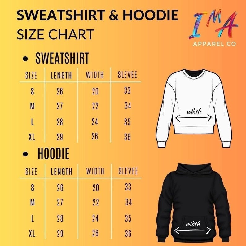 May include: Size chart for sweatshirts and hoodies. The chart includes measurements for length, width, and sleeve length in inches for sizes S, M, L, and XL. A white sweatshirt and a black hoodie are shown as examples.