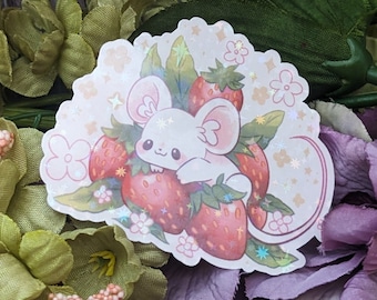 Strawberry Mouse Vinyl Sticker, Animal Lover Gift