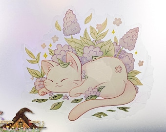 Adhesivo para ventana con diseño de gato lila y efecto arcoíris.