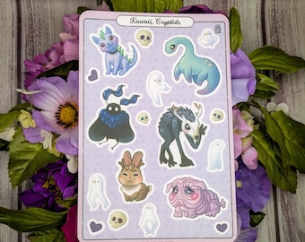 Kawaii Cryptids, Mothman, Squonk, Nessie, Adorable 4x6 Vinyl Sticker Sheet for Laptops and Planners