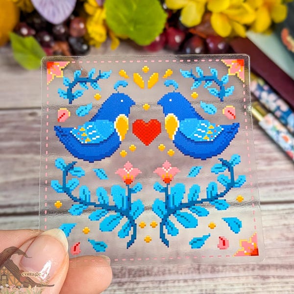 Pegatina transparente de pájaros pixelados de arte popular, vinilo impermeable para portátil o botella de agua.