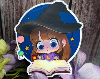Bookish Witch Sticker, Cute Grimoire Stickers, Witch with Book of Shadows, Vinyl Sticker for Laptop or Water Bottle