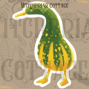 May include: A sticker of a green and yellow gourd shaped like a duck with the text "Witchbriar Cottage" at the top.