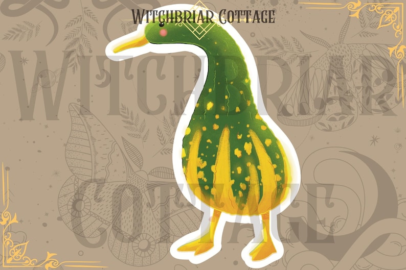 May include: A sticker of a green and yellow gourd shaped like a duck with the text "Witchbriar Cottage" at the top.