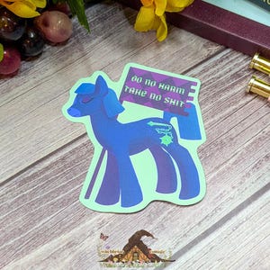 May include: A die-cut sticker featuring a dark blue pony with a light blue mane and tail. The pony holds a purple sign with the text "DO NO HARM TAKE NO SHIT" in white letters. On the pony's flank is a green graphic of a chain and a spiked mace.