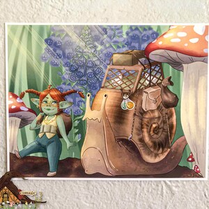May include: Whimsical illustration of a fantasy scene. A green-skinned character with red hair stands near a giant snail carrying a cage and supplies. Mushrooms and flowers are in the background. The art style is reminiscent of a children's book.