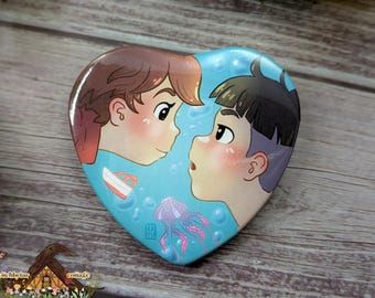 Mermaid and Boy, Heart-Shaped Pin Buttons for Ita Bag or Lanyards