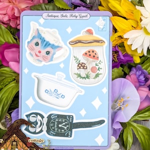Antique Estate Sale Holy Grail Sticker Sheet: Mushroom Jar, Miss Priss, Cat Clock