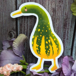 May include: A green and yellow gourd shaped like a duck with a long neck and a small beak. The gourd has a speckled pattern and is painted with yellow stripes.