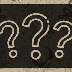 May include: Three large question marks in a light brown outline on a dark gray background with a pattern of stars, moons, and other abstract shapes.