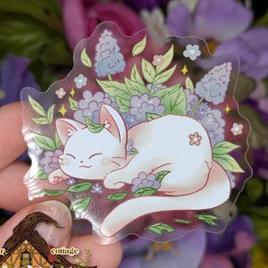 Lila kat doorzichtige sticker, stickers schattige kat natuur, vinylsticker voor laptop of bidon