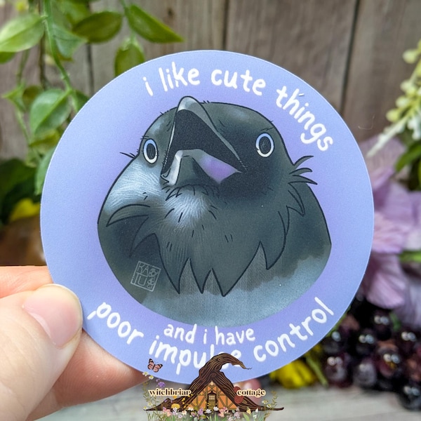Poor Impulse Control Crow, Waterproof Vinyl Sticker, Funny Goblincore Meme Sticker, Laptop & Water Bottle