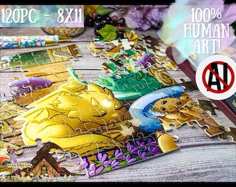 May include: A partially assembled jigsaw puzzle with a fantasy theme, featuring a yellow dragon, cottage, and purple flowers. The puzzle is labeled "120PC - 8X11" and "100% HUMAN ART!" with an "AI" symbol crossed out.
