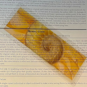 May include: Open book page with text about the Remove Curse spell in a fantasy role-playing game. The text describes the spell's effects, range, duration, and manifestation. Page 289 is visible.