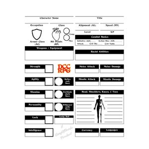Op de afbeelding: Een zwart-wit personageblad voor een rollenspel. Het blad bevat secties voor de naam van het personage, de klasse, statistieken en gevechtsinformatie. Het DCC RPG-logo is zichtbaar. De tekst "GangOflerds Product" is ook zichtbaar.