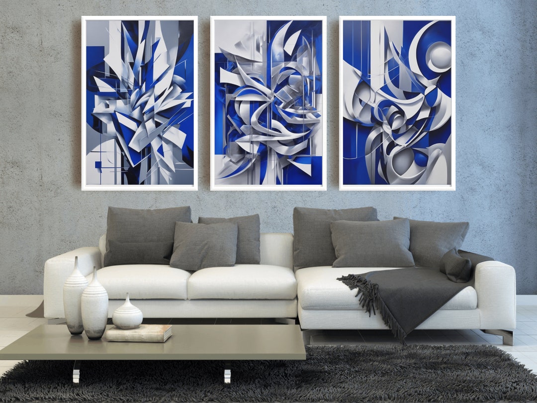 Modern Blue Abstract Printable Wall Art Set 3 Pcs Shades of Etsy