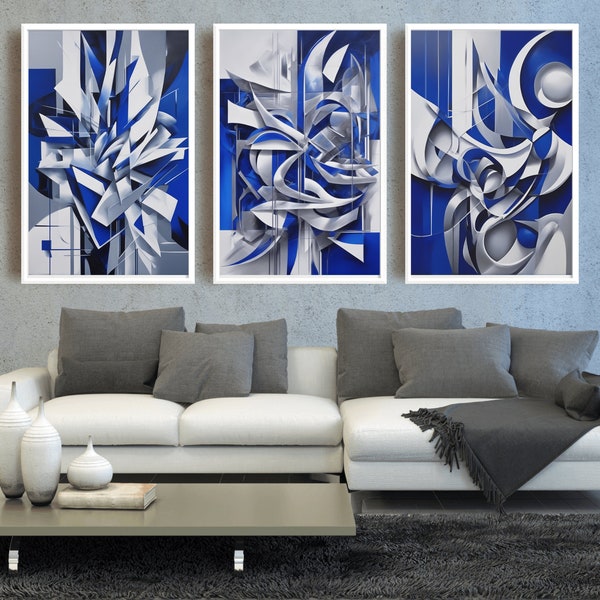 Modern Blue Abstract Printable Wall Art Set, 3 Pcs, Shades of Blue, Silver & White, Abstract AI Geometric Art, Home Decor, Digital Download