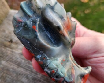 High Polished African Bloodstone Jasper Carved Dragon Head Crystal Stone, DnD, Fire Dragon