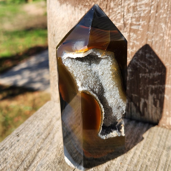 Gorgeous Moody Black and Brown Druzy Agate Crystal Rock Tower