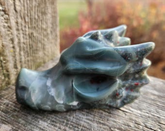 High Polished African Bloodstone Jasper Carved Dragon Head Crystal Stone, DnD