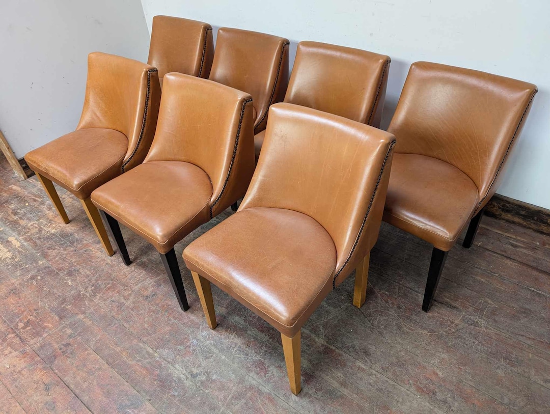 Set of Seven Tan Leather Dining Chairs With Dark and Light Wood Frames ...