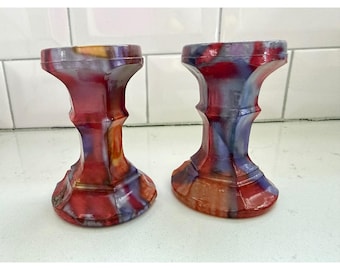 Candelabros de vidrio jaspeado vintage, rojo, morado y naranja, juego de 2, estilo bohemio