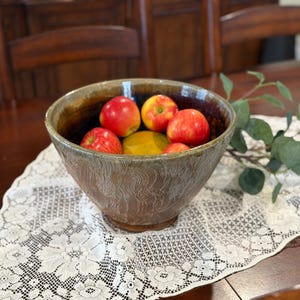 Vintage Large Handmade Studio Pottery Bowl, Signed Ceramic Bowl, Rustic Decor, Sgraffito Carved Serving Bowl, Earth Tone Centerpiece