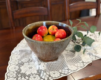 Handmade Studio Pottery Bowl, Signed Sgraffito Carved Ceramic, Earth Tone Centerpiece