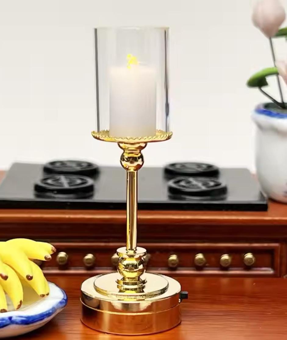 FREE US Shipping! 1:6 scale cute battery operated flickering LED Bjd/Blythe style gold candle stick lamp for Barbie size dollhouse