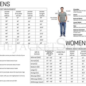 K&ouml;nnte beinhalten: Eine schwarz-wei&szlig;e Gr&ouml;&szlig;entabelle f&uuml;r Jacken mit zwei separaten Tabellen, die als MENS und WOMENS beschriftet sind. Die Tabellen listen Ma&szlig;e in Zoll f&uuml;r Brust, Taille, Schulter, &Auml;rmel und L&auml;nge auf, erg&auml;nzt durch Illustrationen zum Messen.