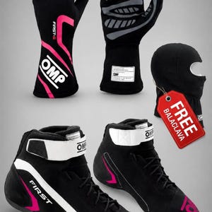 May include: A pair of black racing gloves with pink accents and white OMP branding, a black balaclava with a red tag labelled FREE BALACLAVA, and a pair of black racing shoes featuring white straps, pink details, and white OMP text on the sides.