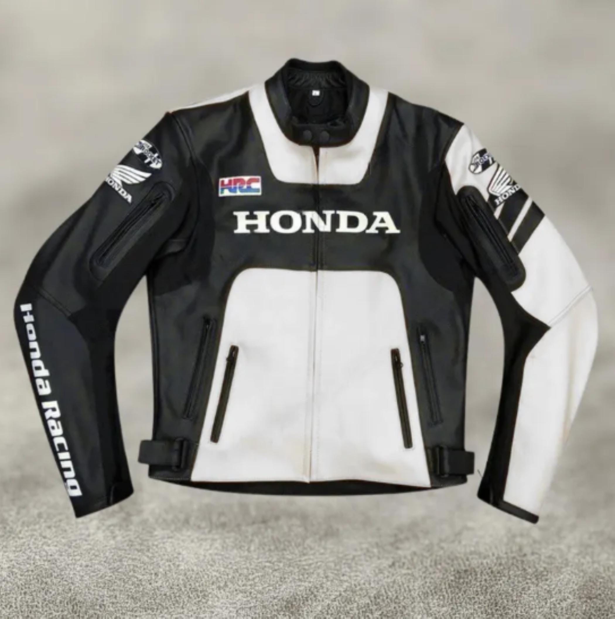Honda Racing Leather Motorcycle Jacket: Black & White, CE Armored