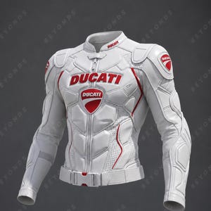 May include: A white motorcycle jacket featuring red Ducati branding on the chest, shoulders, and collar. The jacket has a structured, armored appearance with integrated padding, perforated panels, a full-length front zipper, and a buckled waist belt.