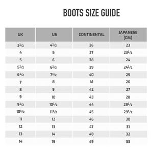 May include: A boots size guide chart featuring columns for UK, US, Continental, and Japanese sizes in centimetres. The table lists numerical size conversions starting from UK 3.5, US 4.5, Continental 36, and 23 cm, up to UK 14, US 15, Continental 49, and 33 cm.