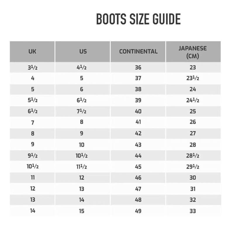 May include: A boots size guide chart featuring columns for UK, US, Continental, and Japanese sizes in centimetres. The table lists numerical size conversions starting from UK 3.5, US 4.5, Continental 36, and 23 cm, up to UK 14, US 15, Continental 49, and 33 cm.