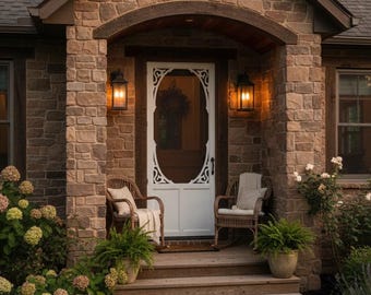 Windsor Decorative Vinyl Screen/Storm Door – White, Fully Assembled | Oval Scroll Insert with Closer