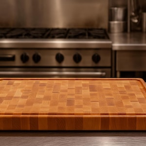 May include: A rectangular butcher block cutting board made of light brown wood. The board has a checkerboard pattern and a recessed edge. The background shows a stainless steel stove and countertop, suggesting a kitchen setting.