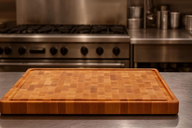 May include: A rectangular wooden cutting board featuring an end-grain construction with a mosaic of light and medium brown wood blocks. The board has a thick profile and a carved juice groove running along the perimeter of the top surface.