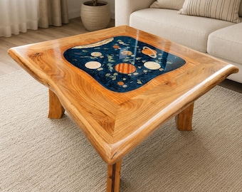 Solar System Epoxy Coffee Table, Live Edge Red Elm Statement Furniture, 36 Inch Square