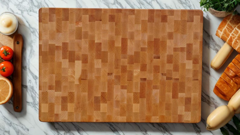 May include: A rectangular end-grain cutting board made of light brown wood with a mosaic-like pattern of small, vertical, and horizontal rectangular blocks. The surface shows natural wood grain variations in shades of tan, beige, and light brown.