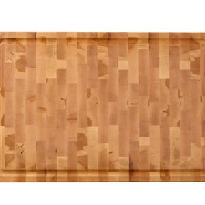 May include: A large, rectangular wooden chopping board made of light brown wood with a slightly raised edge. The board is made of multiple pieces of wood that have been joined together to create a block pattern.